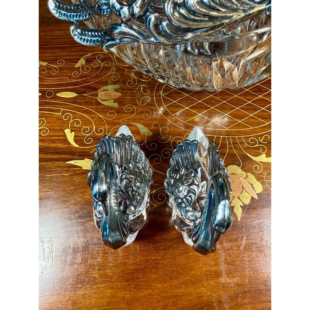 Vintage 3-Piece Crystal Swan Set Centerpiece Bowl with 2 Salt Cellars
